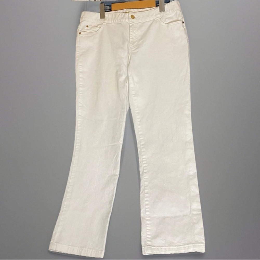 Michael Kors Women's jeans Sz 10 Stretch Bootcut White Jeans Gold Accents Preppy
